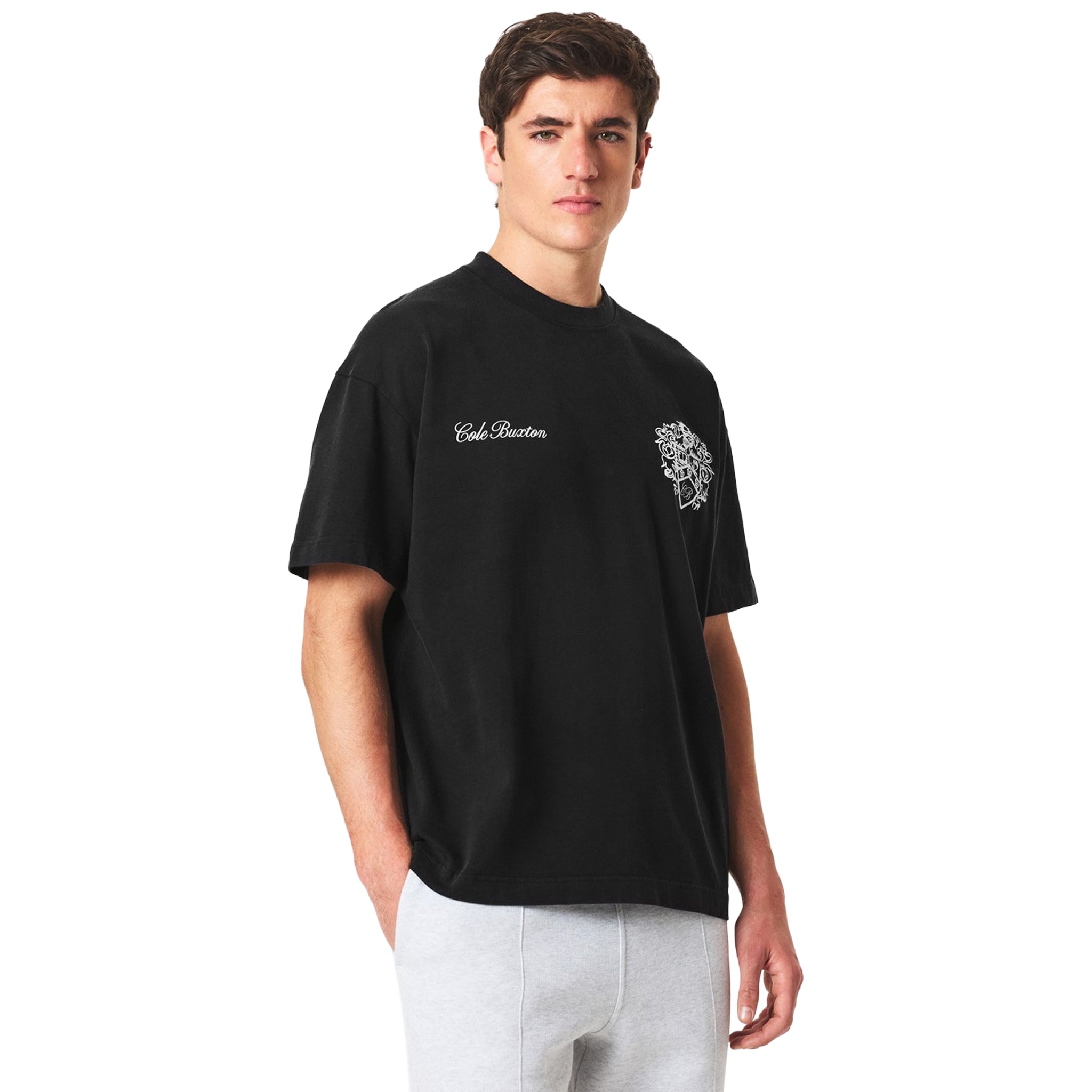 Model front side view of Cole Buxton Collegiate Black T Shirt